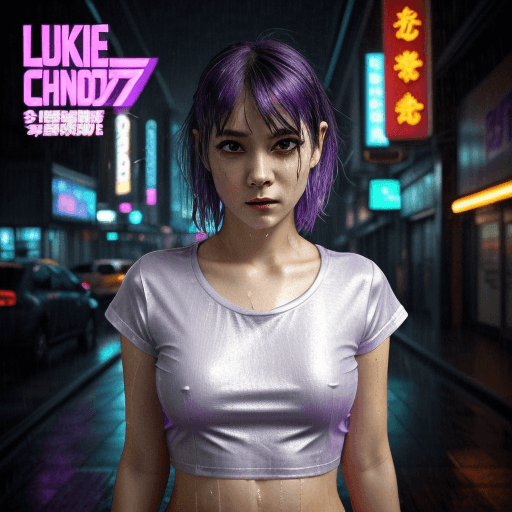 AI generated: a girl in a purple top in a neon cyberpunk city, in the style of chinapunk, iconic album covers, sof...