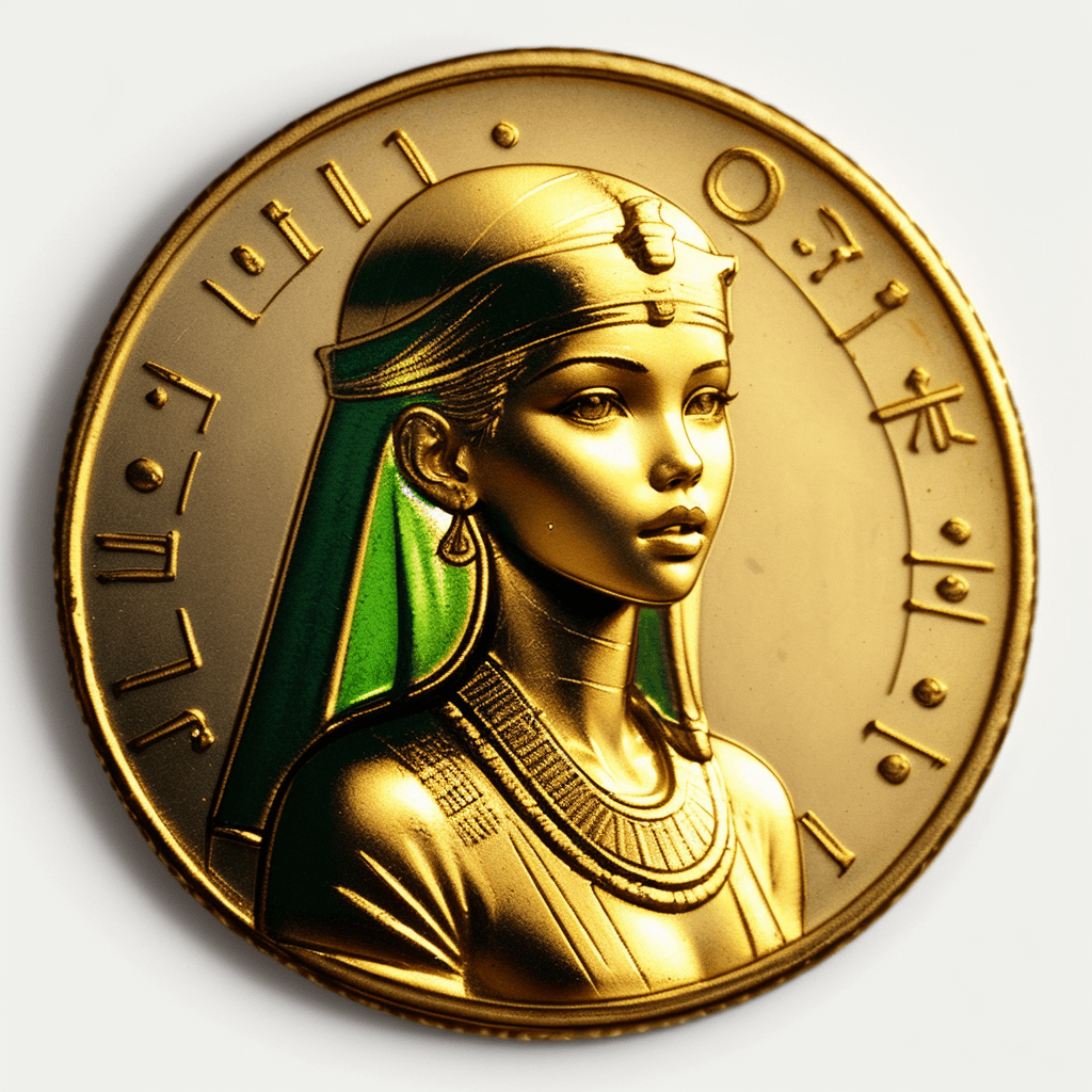 AI generated: minted coin,coin with depicted illustration ancient Egypt, coin depicting the goddess gorgeous Sasha...