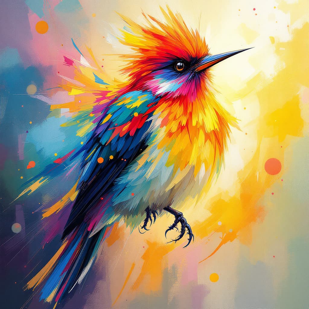 AI generated: Prompt: Abstract painting of a beautiful bird, with colorful rays, in a modern art style. Vibrant co...