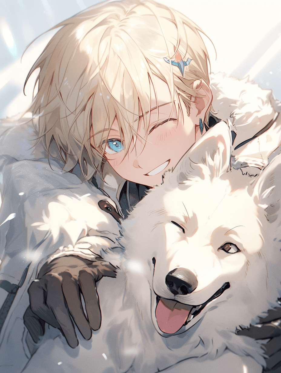AI generated: young blonde boy snuggle white husky dog, in the style of pixiv anime art, light azure and blue tone...