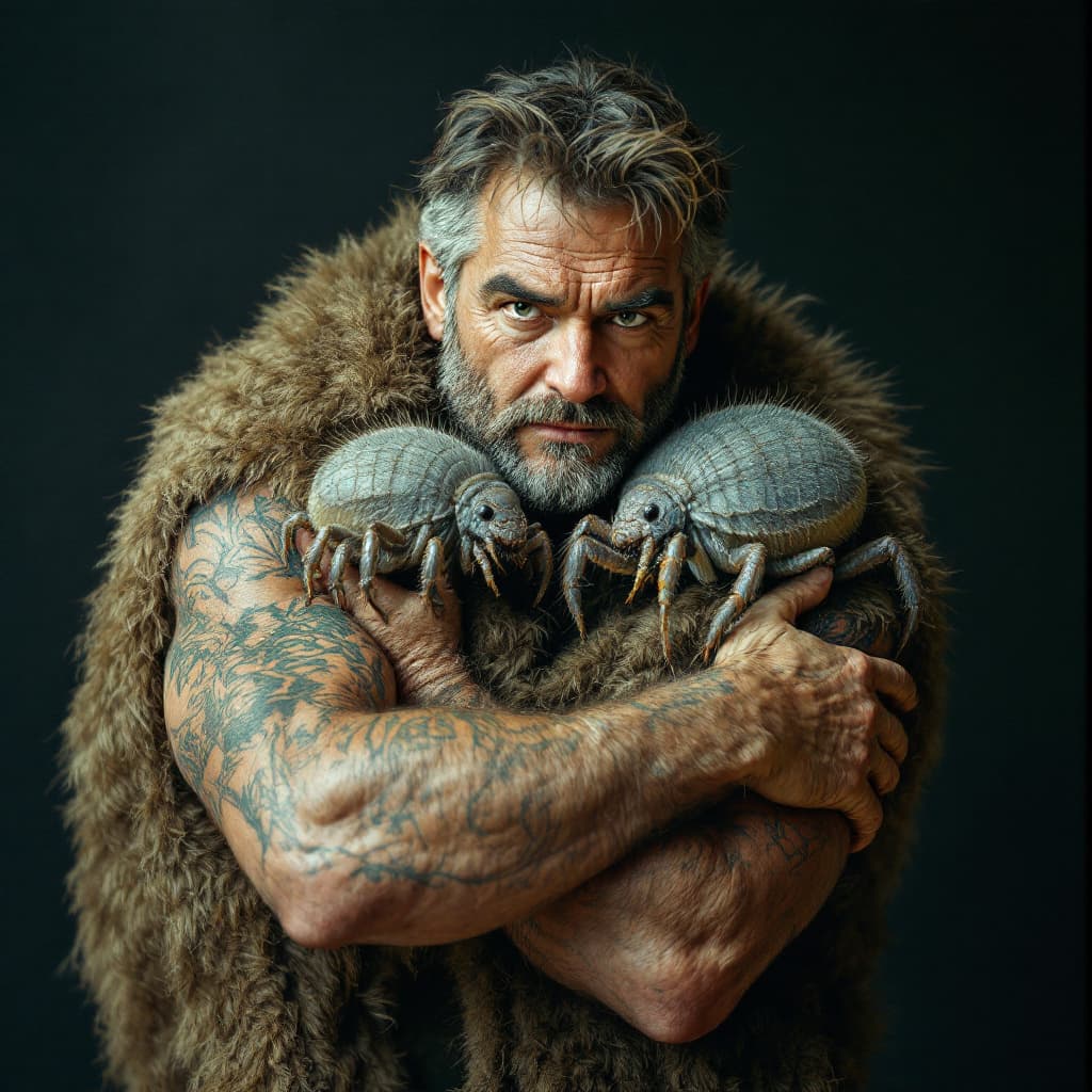 AI generated: a fujifilm pictures of a bold man hugging two huge dermodex mites