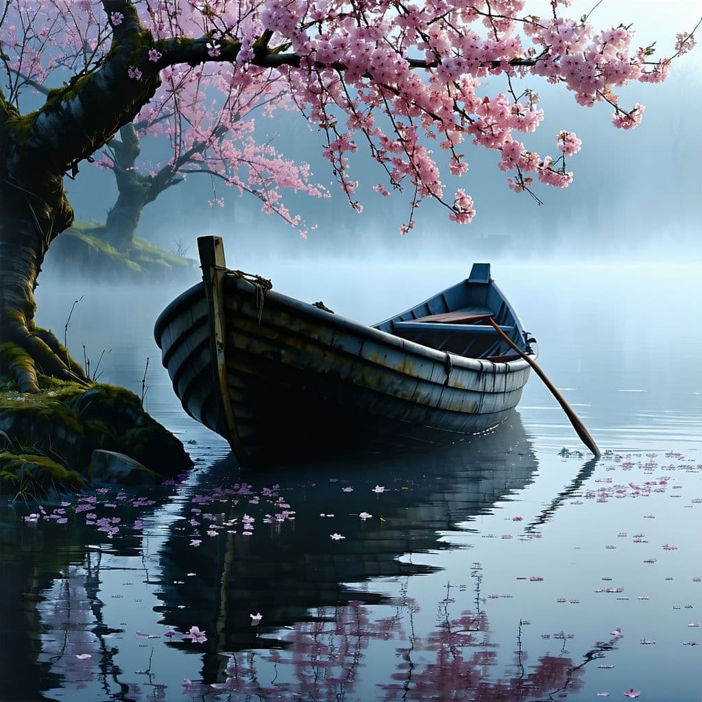 AI generated: a boat in the middle of the cherry blossoms, in the style of lush scenery, fairycore, ultra detailed...