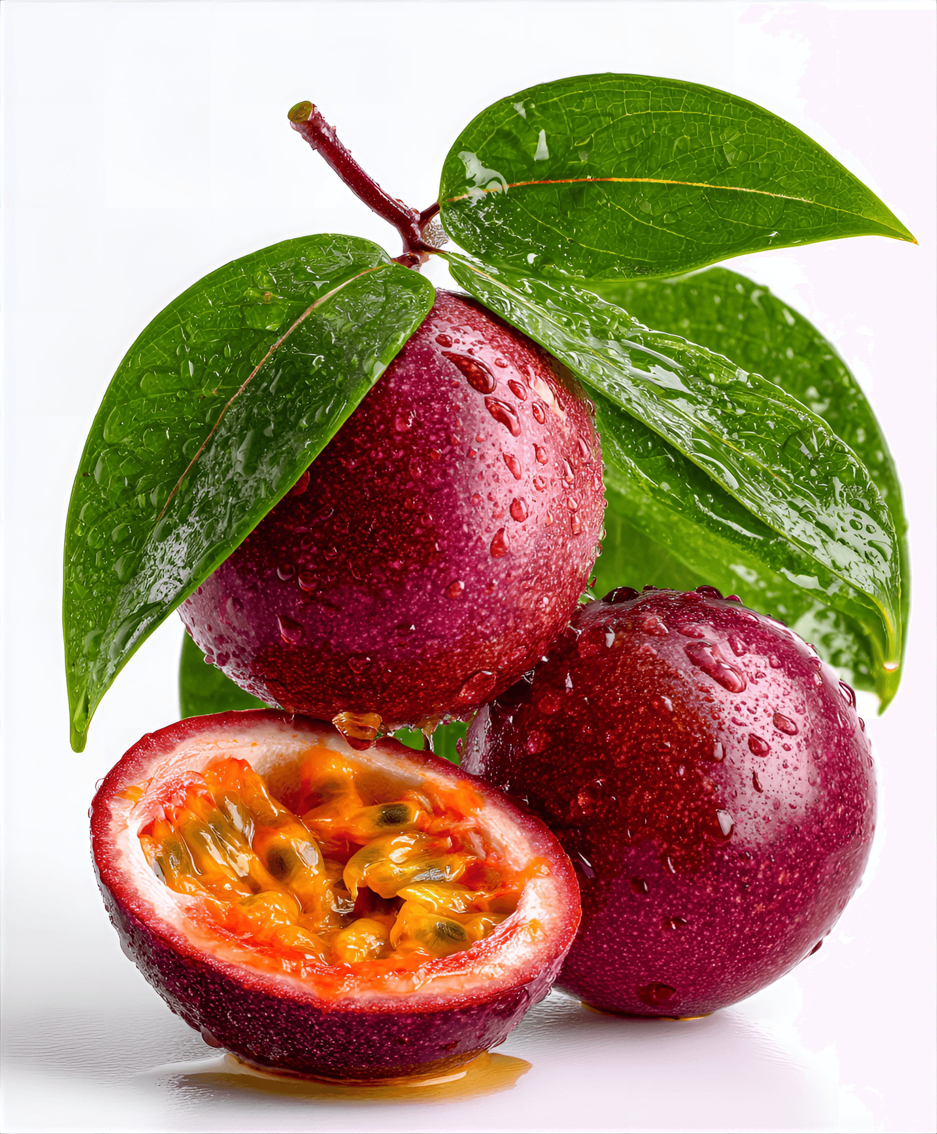 AI generated: Two whole passion fruit and a half passion fruit, with vibrant, fresh green leaves, are displayed on...