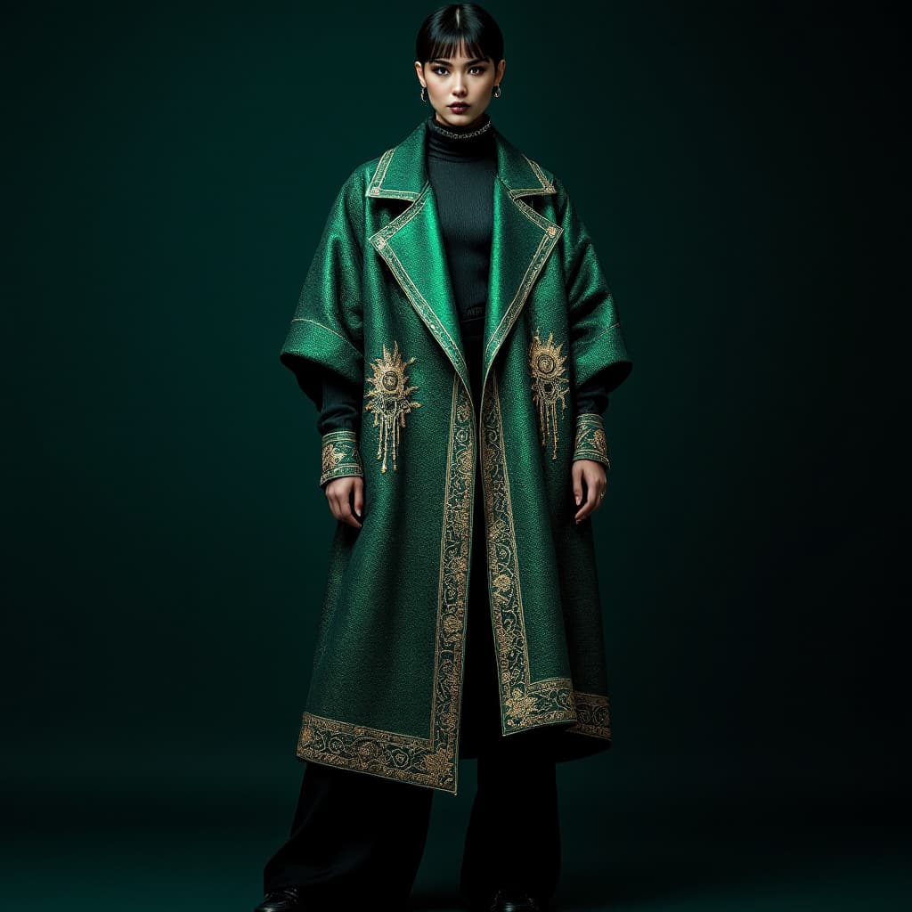 AI generated: fashion portrait, full body, front view, woman wearing an avant-garde, androgynous outfit consisting...