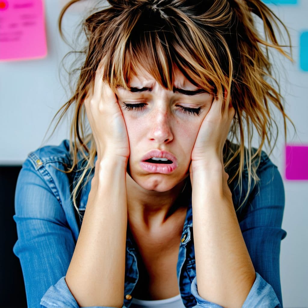 AI generated: Close-up photo of a worried girl, with messy hair, hands on forehead, looking far, vibrant colors, d...
