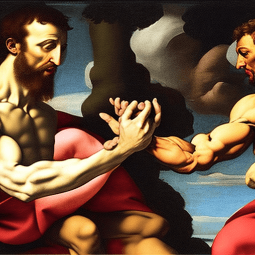 AI generated: Michelangelo's The Creation of Adam but instead of pointing hands God is handing Adam a dumbbell
