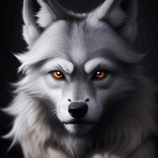 AI generated: Una foto de un  lobo demoníaco, con expresión facial maníaca, humanoide, ojos amarillos, color de pi...