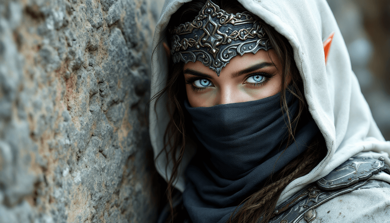 AI generated: female warrior, young adult, likely Middle Eastern, wearing intricate, dark-gray metal armor with br...