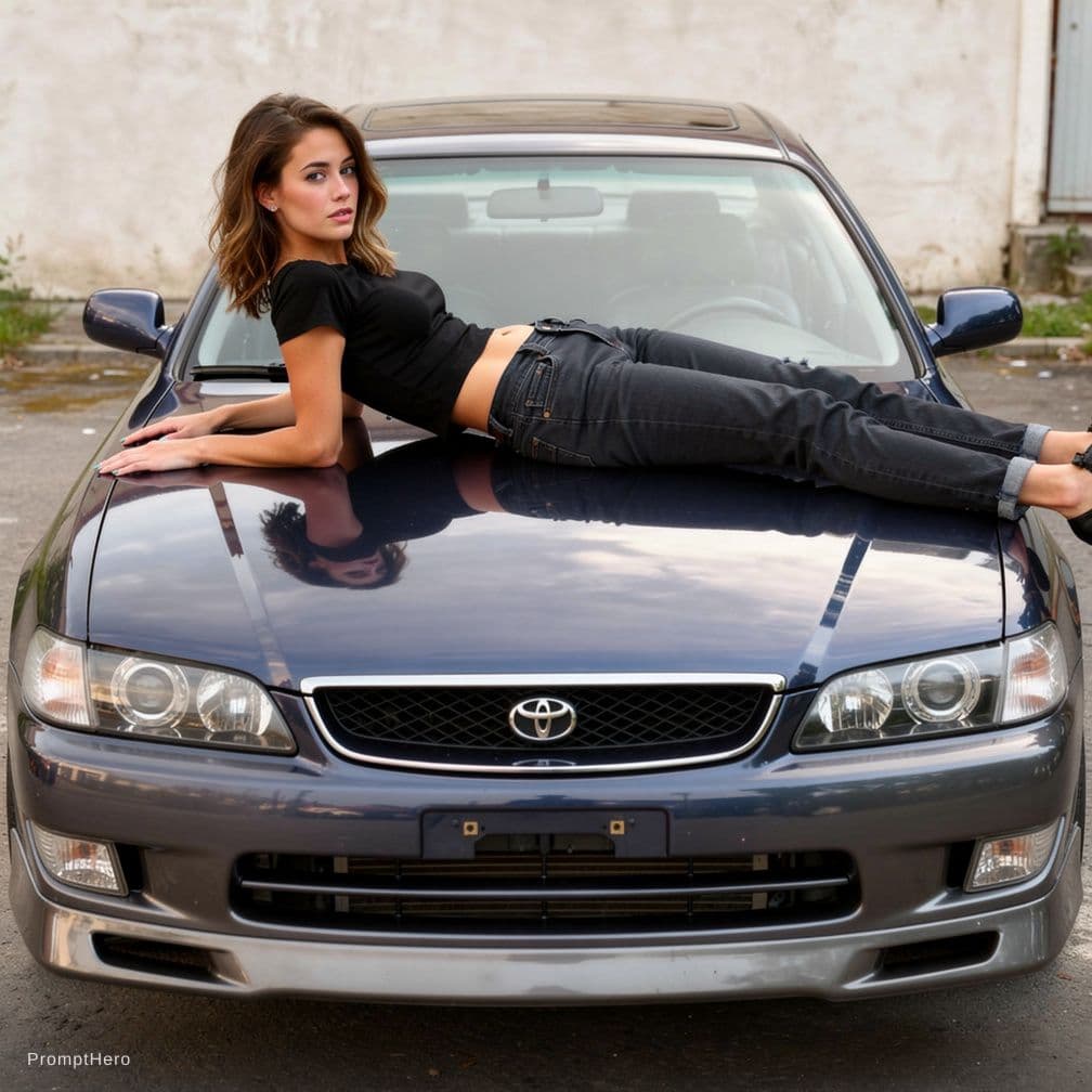 AI generated: She stretches out on the Toyota markII jzx100 2 tone. Its a dark blue mica upper paint and dark Gray...