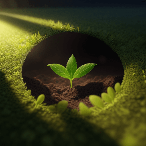 AI generated: a green seed captured under the ground, upper is bright, under ground is dark, misty, sunlights, dre...