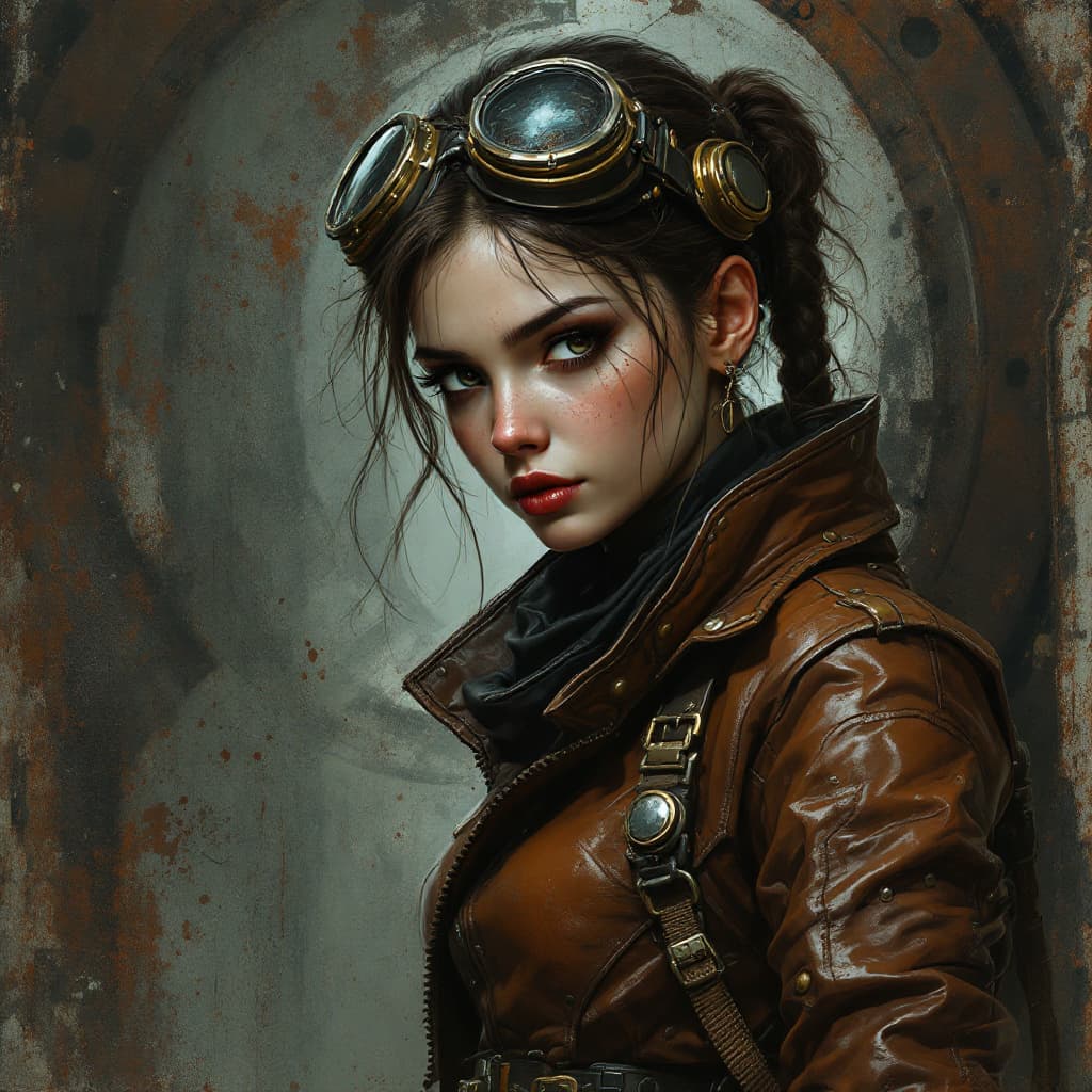 AI generated: steampunk mechanic girl in leather gear, goggles, oily smudges, mechanical background --v 7 --style ...
