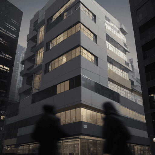 AI generated: photography, eye-level, front view, a contemporary urban building facade during twilight with pedest...