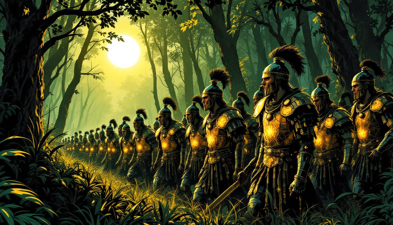AI generated: An illustration of young warriors marching in formation through a dense forest, their armor gleaming...