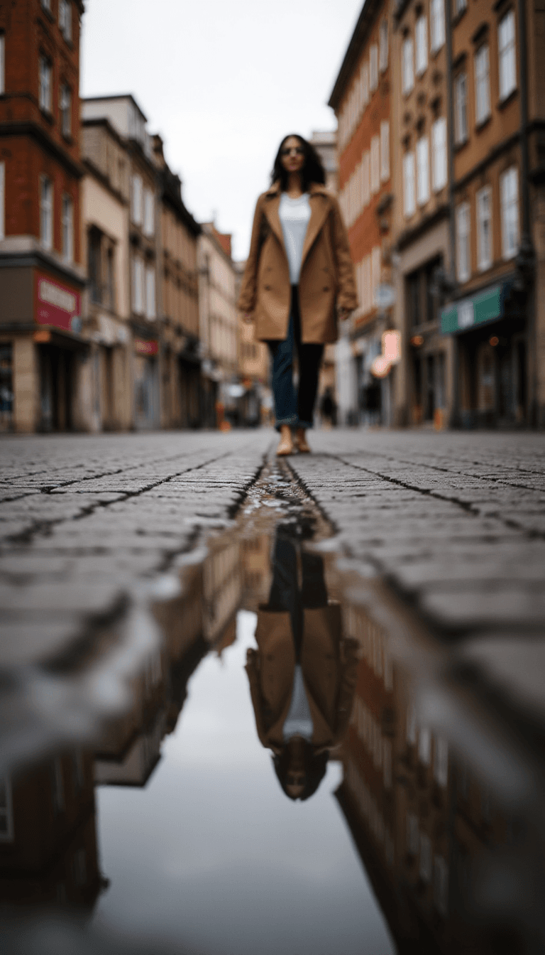 AI generated: walking woman in a trenchcoat is reflected in a puddle on a cobblestone street, old town, wet, aidma...