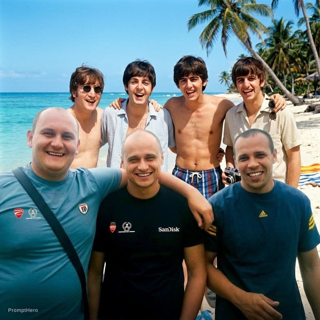 AI generated: with the beatles at a tropical beach, sunny day, both smiling