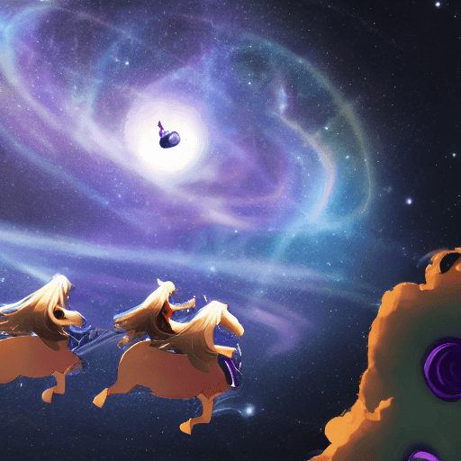 AI generated: four toddler girls riding unicorns, in space, overlooking a black hole