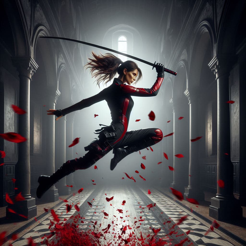 AI generated: The high-quality artistic photography depicts a woman wearing a tight black and red jumpsuit with ov...