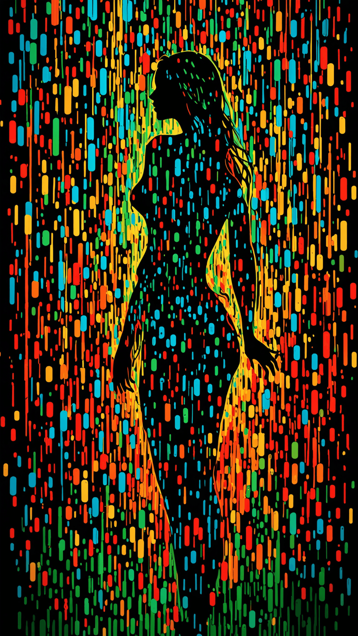 AI generated: high quality, 8K Ultra HD, Imagine a vibrant canvas illuminated by a cascade of colorful binary code...