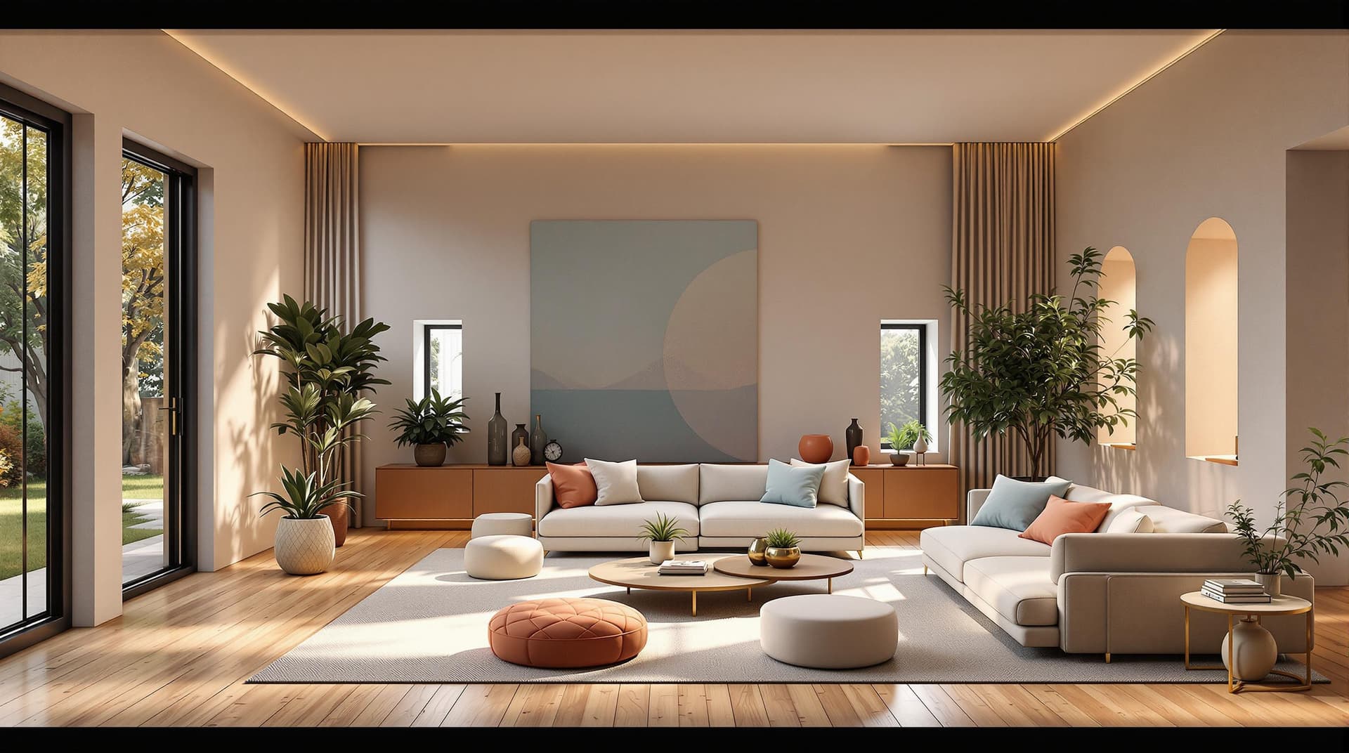 AI generated: High resolution photography interior design, dreamy sunken living room conversation pit, wooden floo...