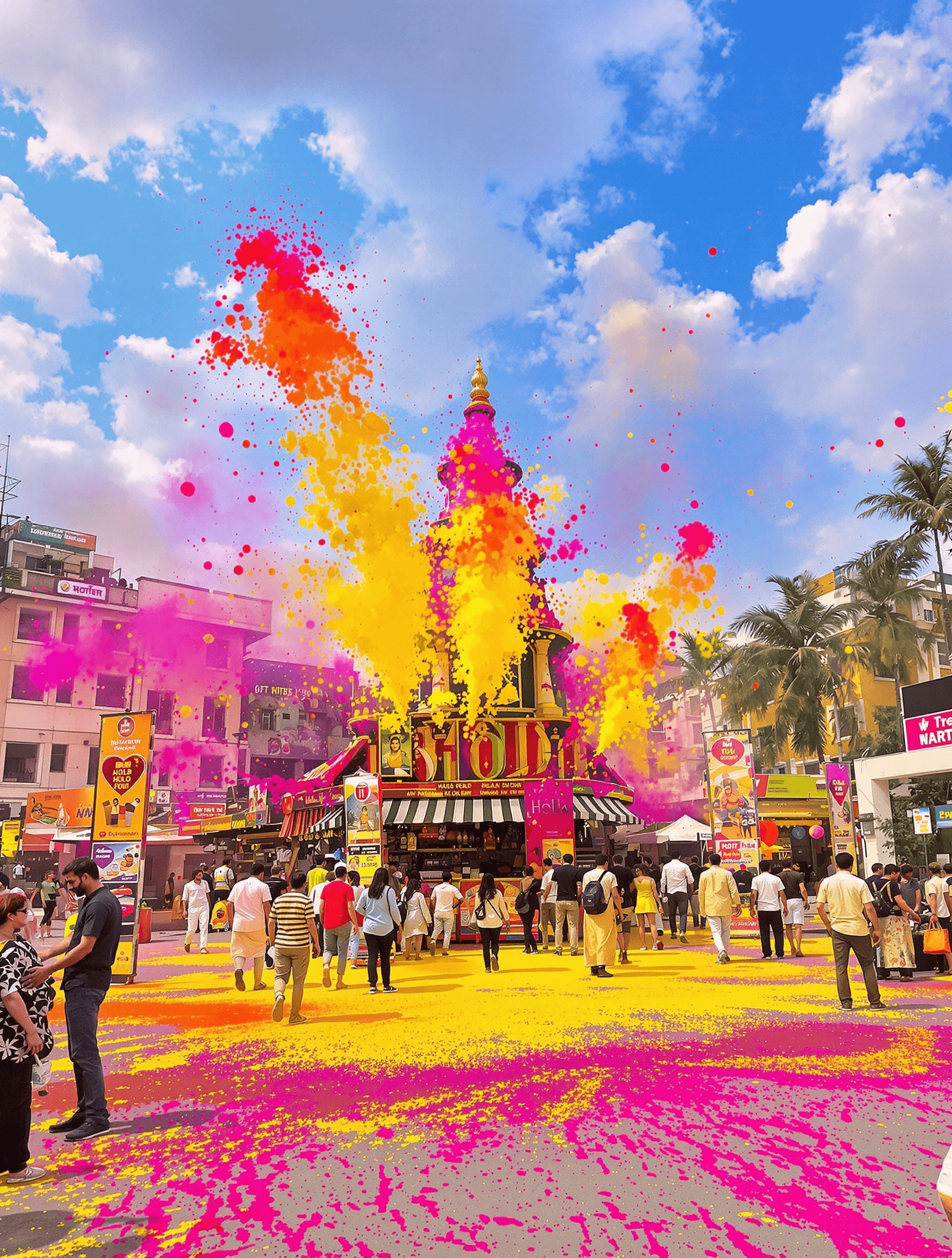 AI generated: Create a background in 3:4 ratio in which the Holi colour is there and there is colour stalls,food s...
