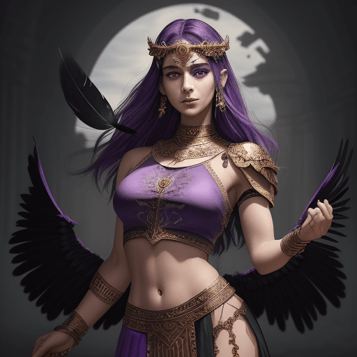 AI generated: 1woman with purple eyes glowing, (godess:1.25) crop top, skirt with crow feathers , extremely detail...