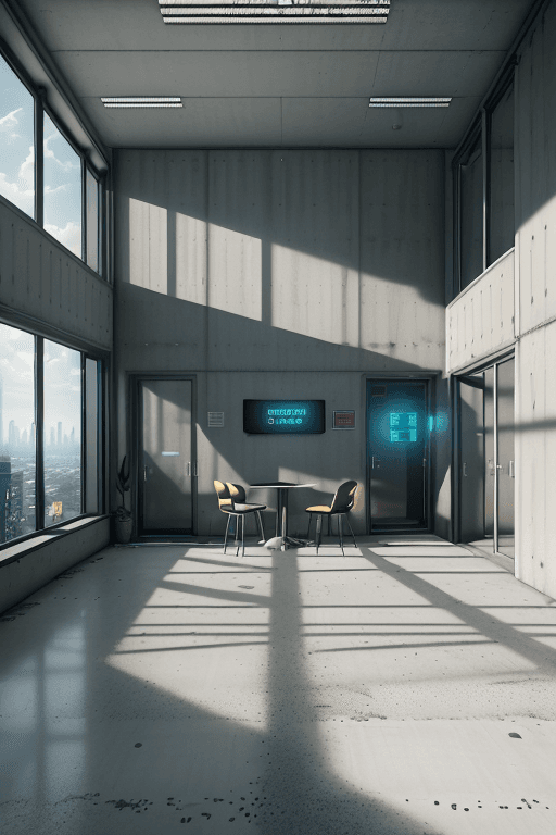 AI generated: social area with room and table inside a building with a concrete wall and a top-to-bottom window, a...