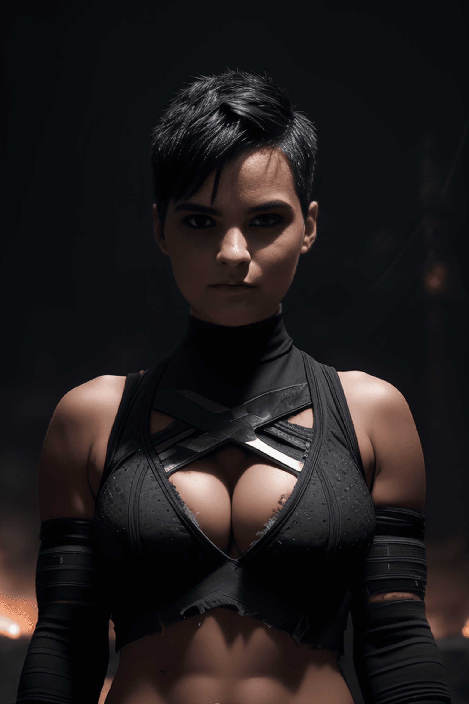 AI generated: photo of Brianna Hildebrand, (messy short black hair with shaved head:1.3), (torn shredded X-Men uni...