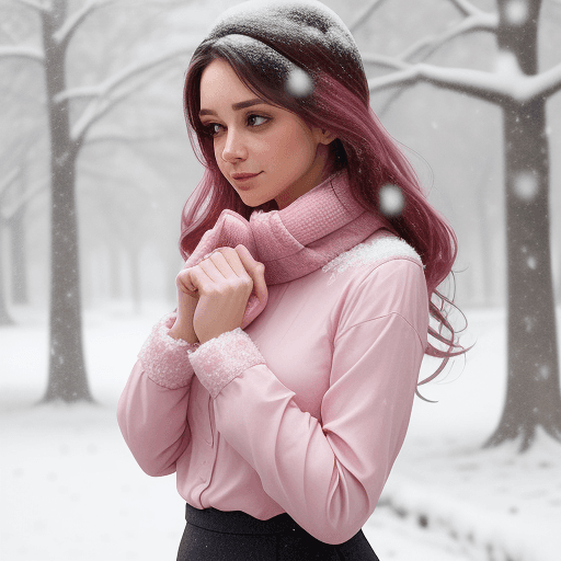 AI generated: A woman wearing a pink blouse on a snowy day