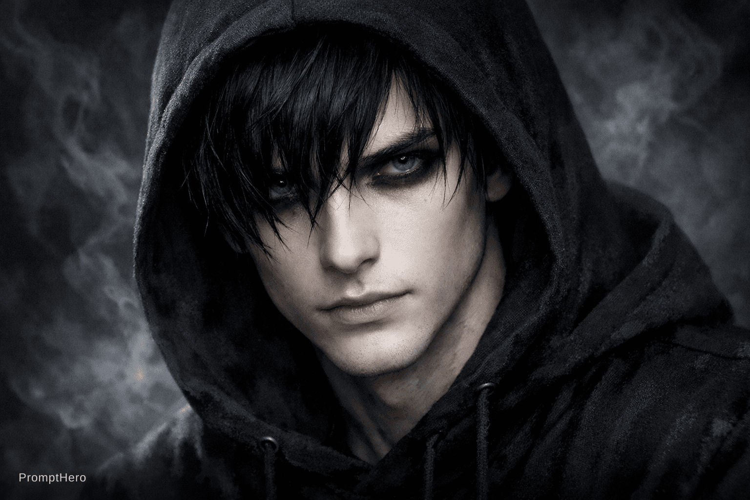 AI generated: a close up digital fantasy artwork featuring male character. he has pale skin with black hair. he's ...