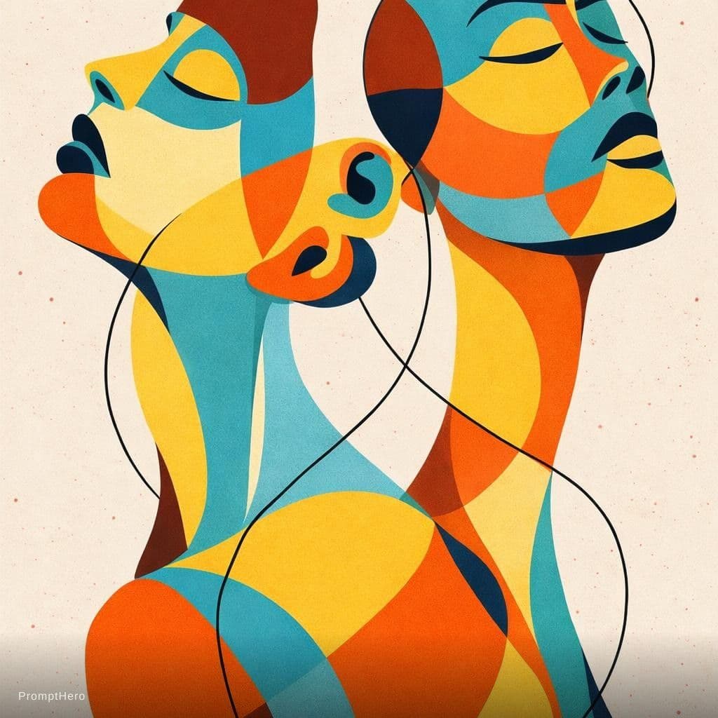 AI generated: modern abstract portrait of two overlapping female profiles facing opposite directions, bold color b...