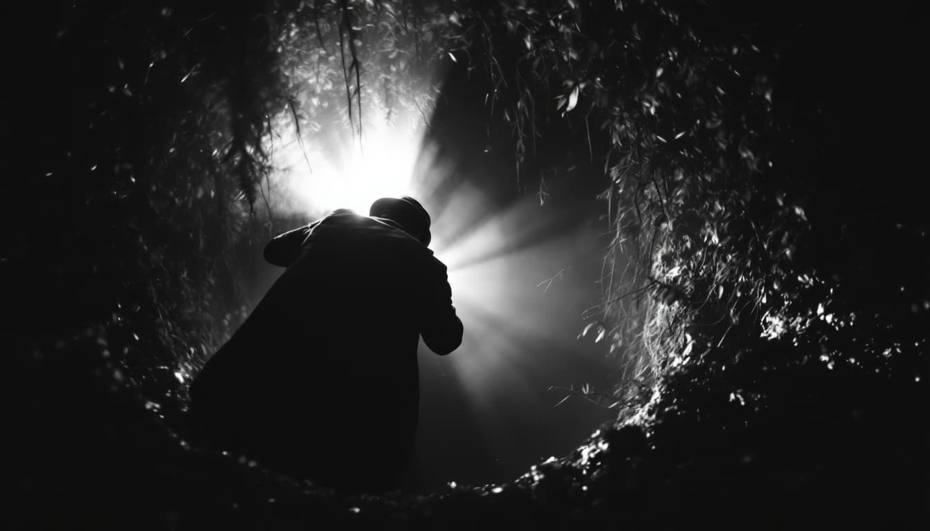 AI generated:  high definition black n white - camera shot from behind- a man wearing black coat and hat sneaking ...