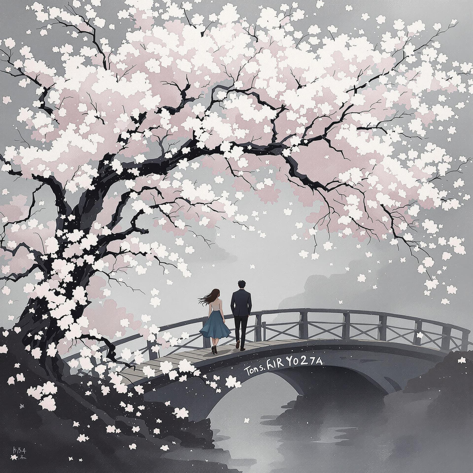 AI generated: two people walk the bridge under a large cherry blossom, in the style of atmospheric paintings, gray...