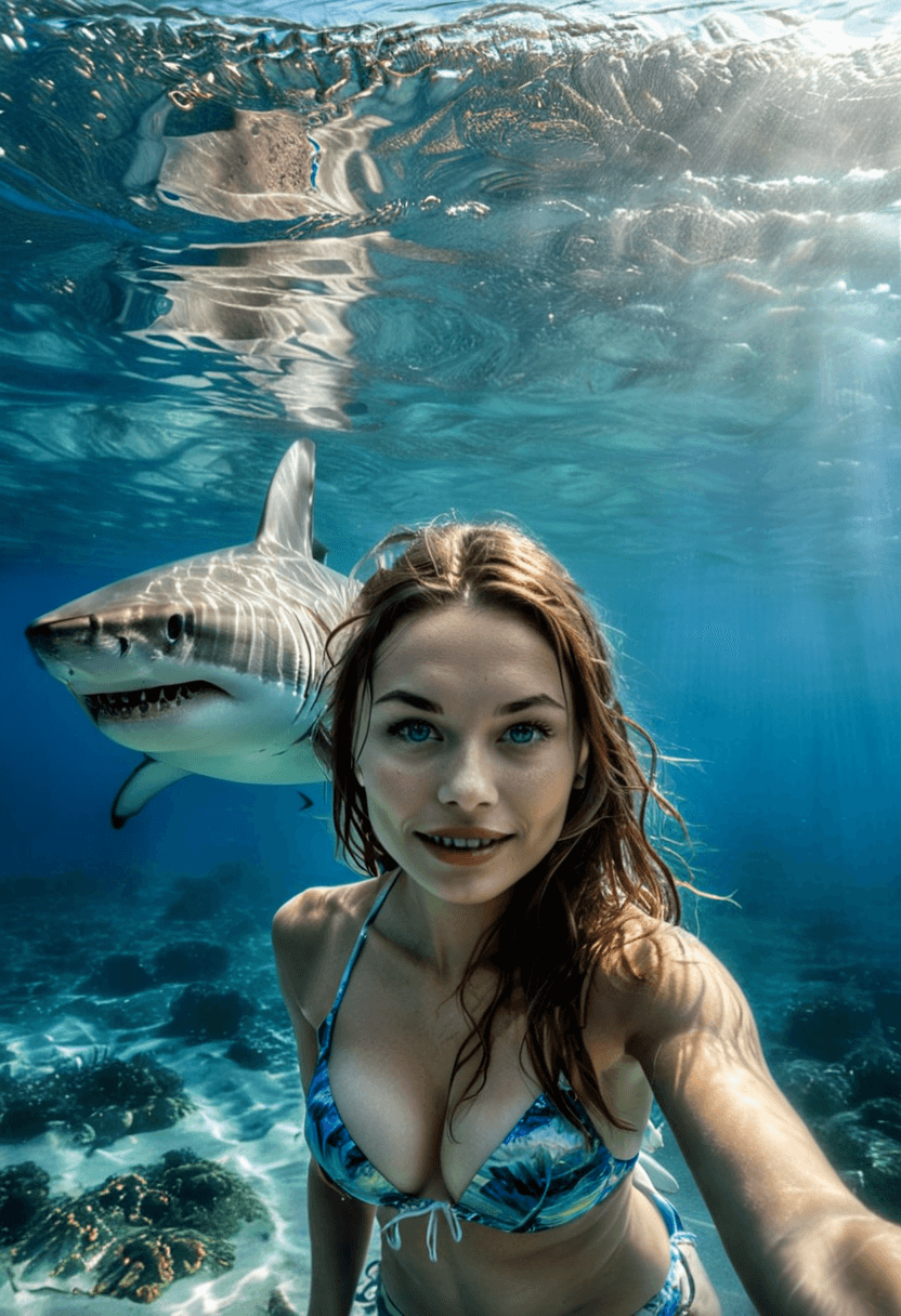 AI generated: HDR photo of front view of a shark in murky ocean water, woman, long brunette hair, light blue eyes,...