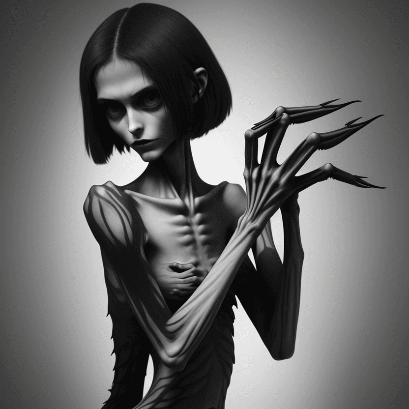 AI generated: woman's arms with hands with black long curved claws of skinny anorexic girl