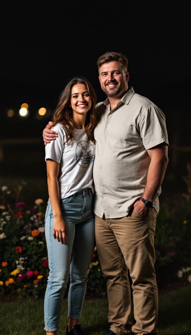 AI generated: A medium shot of a couple, likely in their 20s or 30s, standing outdoors at night. The woman, light-...