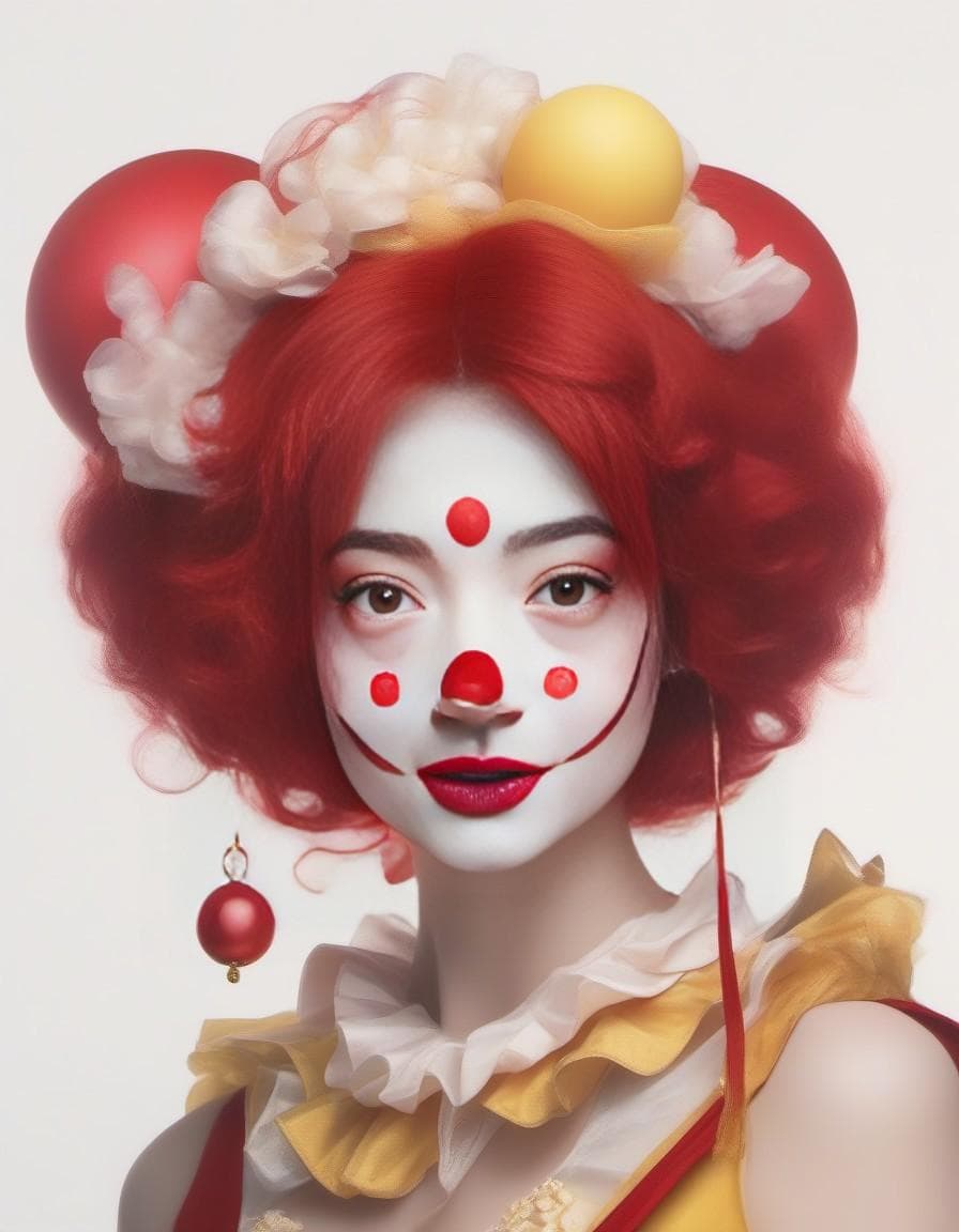 AI generated:  a woman dressed as a clown with red hair, in the style of magical girl, colorful moebius, light yel...
