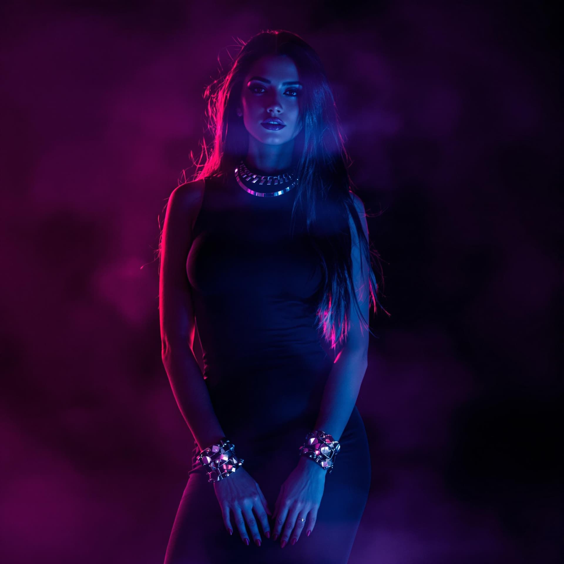 AI generated: A woman stands in a black sleeveless dress, adorned with silver bracelets and a silver necklace, her...