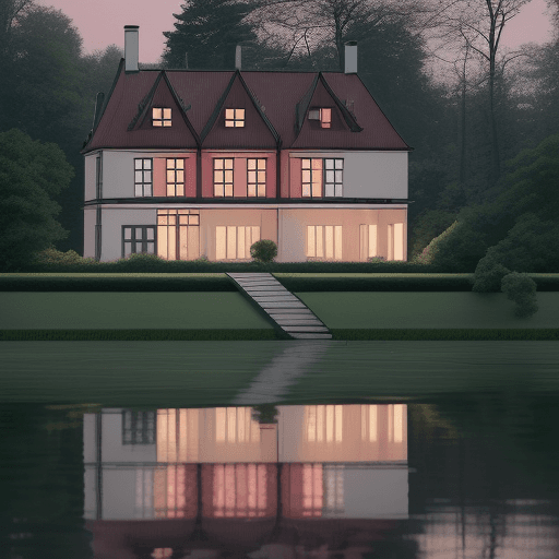 AI generated: Single-family home in Bahhaus style by the lake. View of the house from diagonally above, the house ...