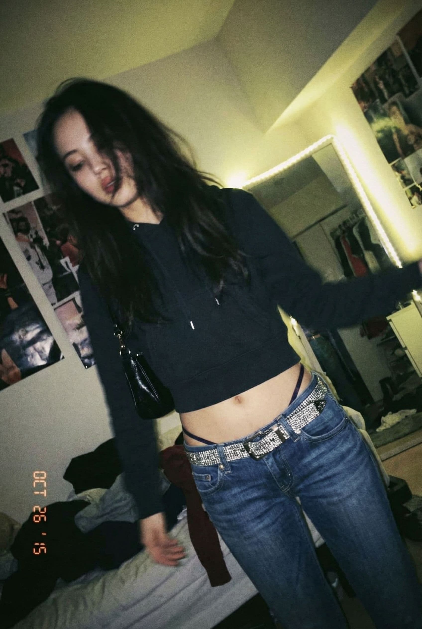 AI generated: a lo-fi 2015s-era, diagonally taken, low-quality iPhone photo of a 20-year-old baddie. The shot is i...