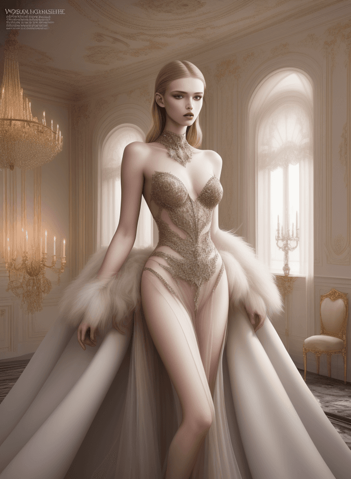 AI generated: vogue cover photoshoot, russian model,medium shoot, haut couture in front of a stunning surreal inte...