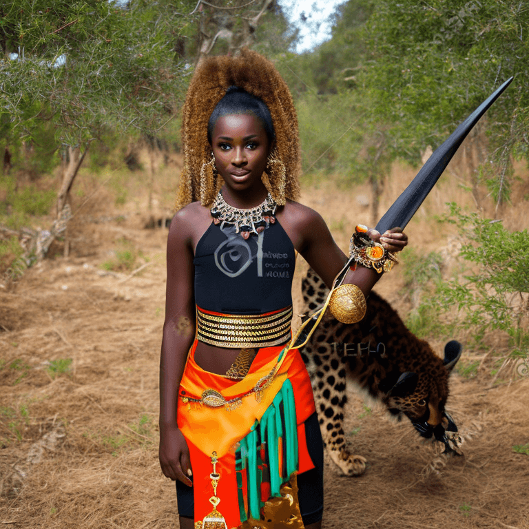 AI generated: full shot, High Detail RAW color Photo. Black Amazon, huntress, tribal warrior, the black eye. Stunn...