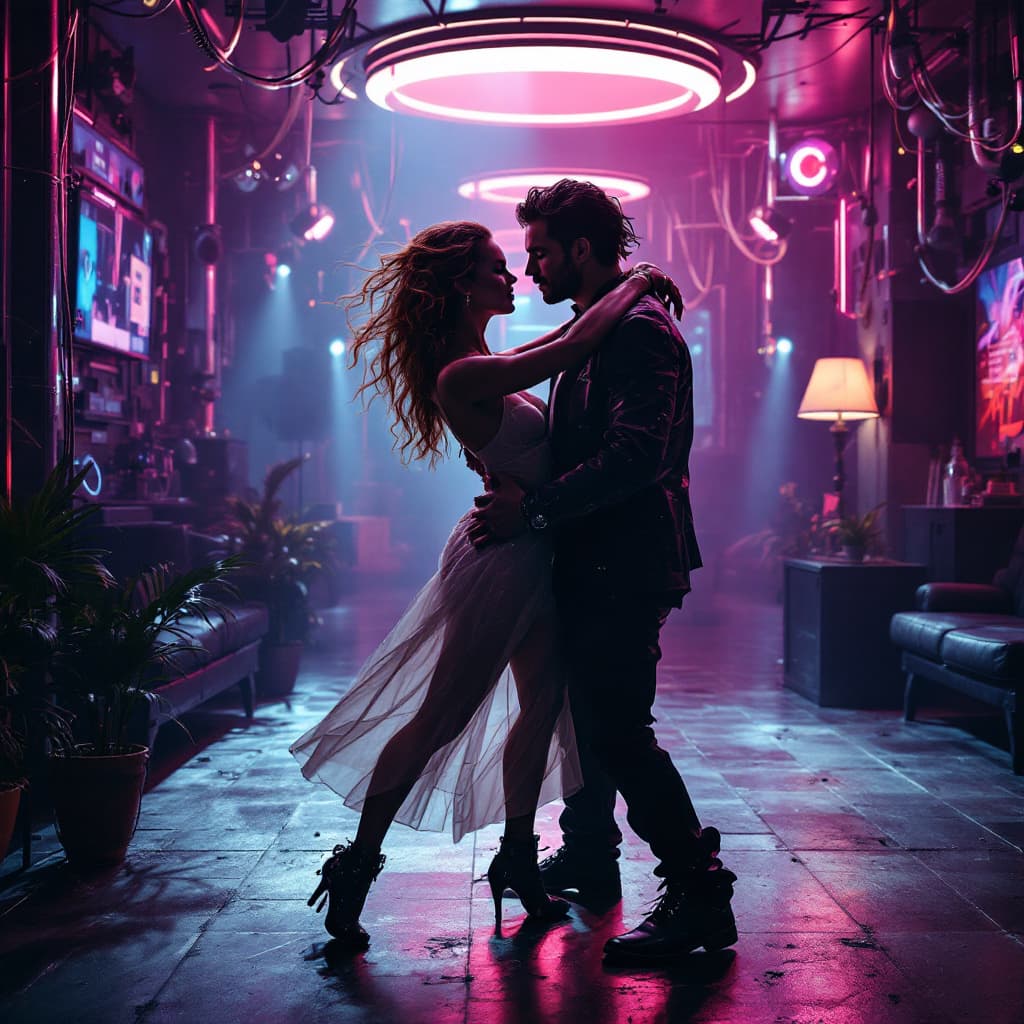 AI generated: Cyber punk Couple slow dancing in a cyber punk ball room