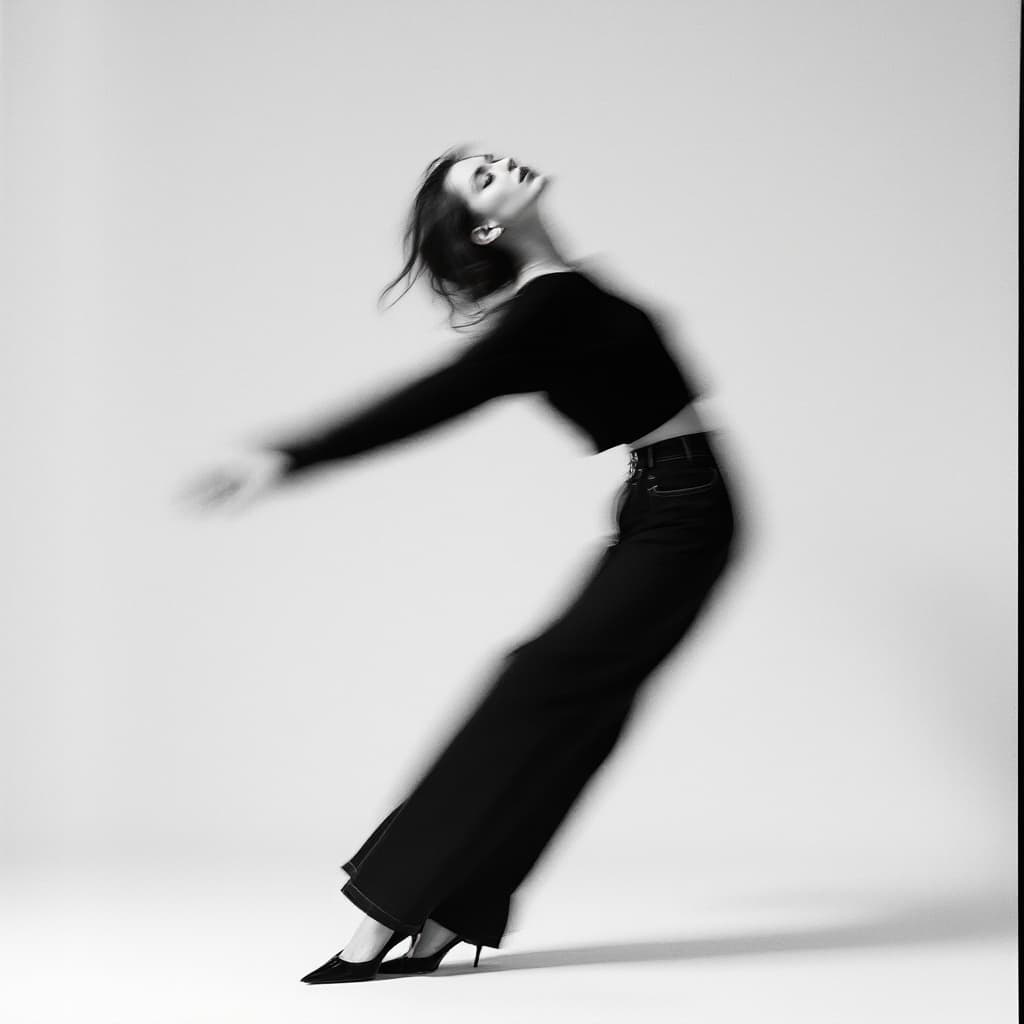 AI generated: A Vogue editorial shot in a minimalist black and white style, featuring a young brunette woman. The ...