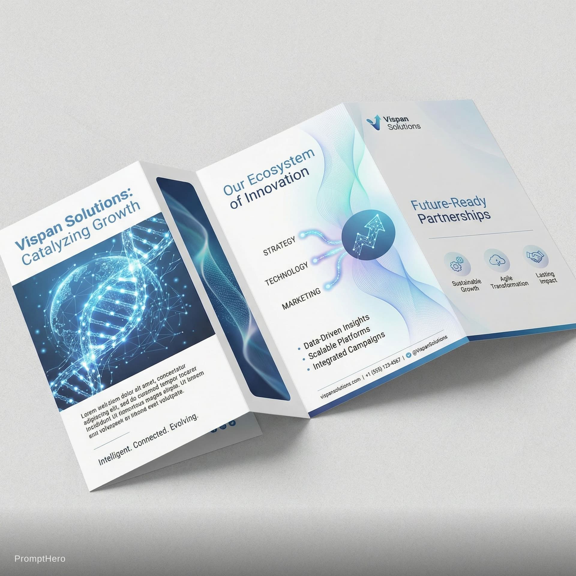 AI generated: Unique growth-inspired brochure for Vispan Solutions using abstract DNA and network visuals, blue an...