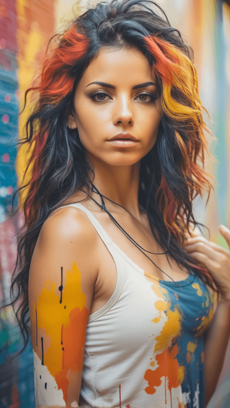 AI generated: 3/4 shot, photograph of, a naturally beautiful woman standing up against a freshly painted mural, lo...