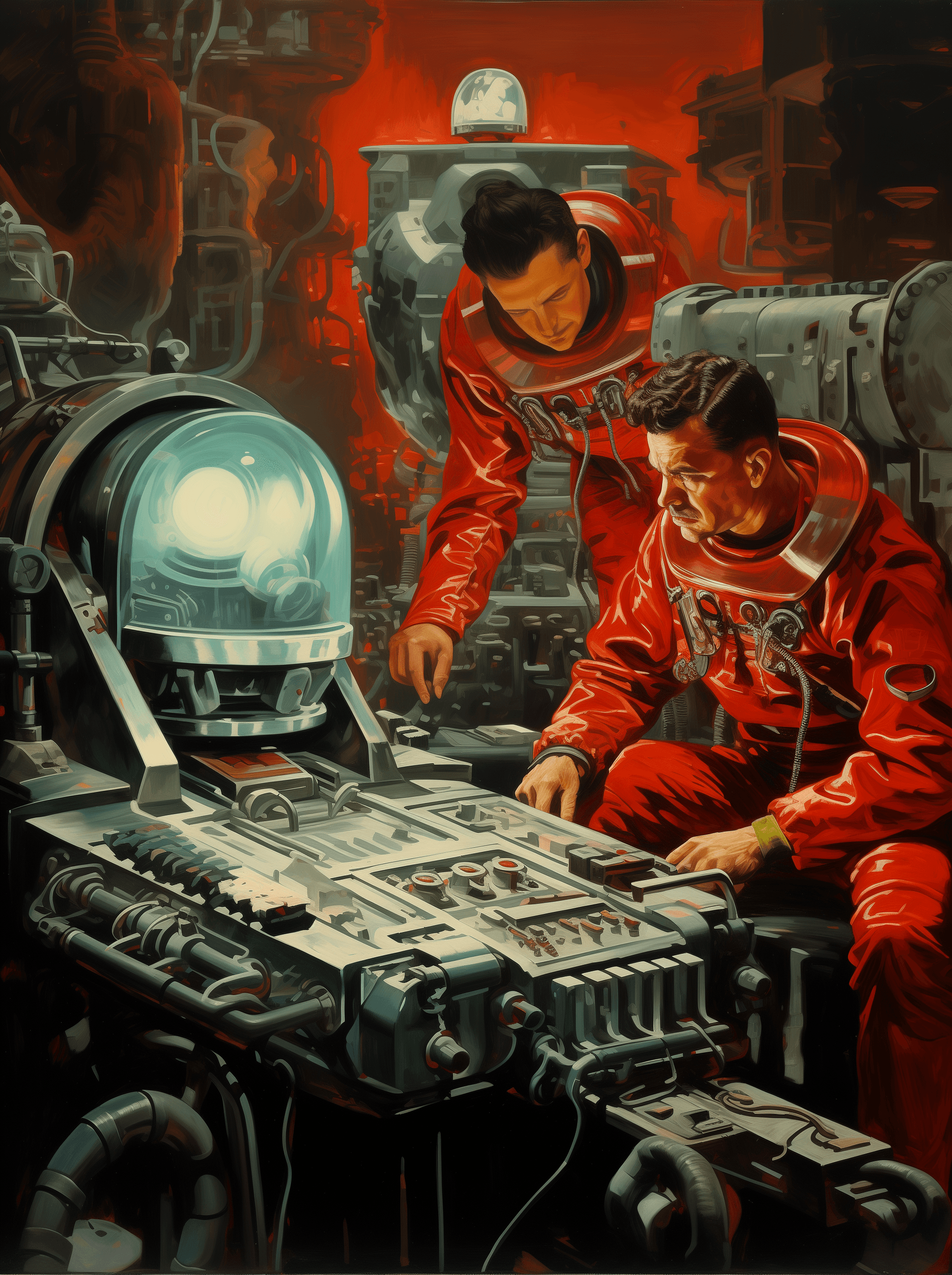 AI generated: Vintage pulp illustration of two men in red and grey space suits working on an old sci-fi robot, wit...