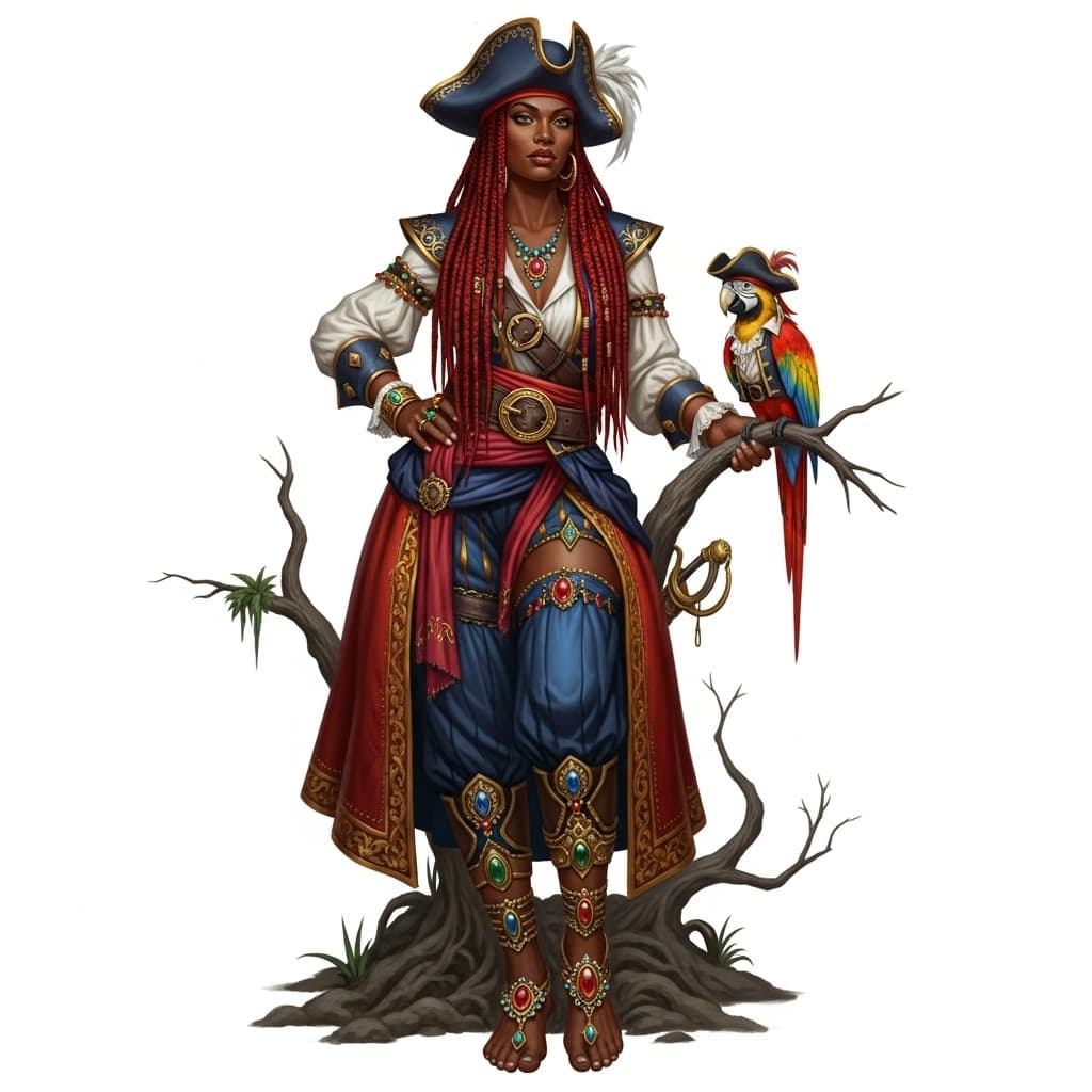 AI generated: Full body view: Centered image.  an beutiful African American pirate lady with red long braided hair...