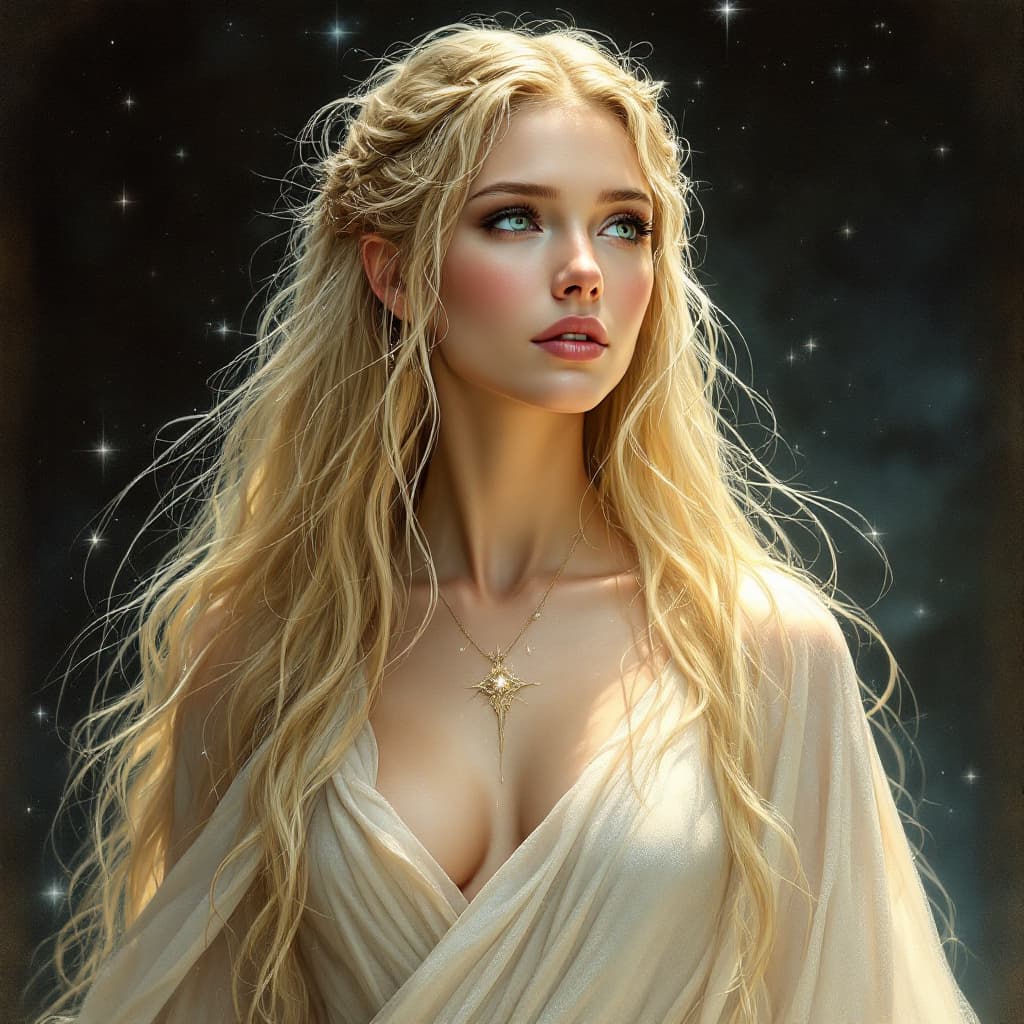 AI generated: "Create a highly detailed depiction of Galadriel, the regal and ethereal Elven queen from J.R.R. Tol...