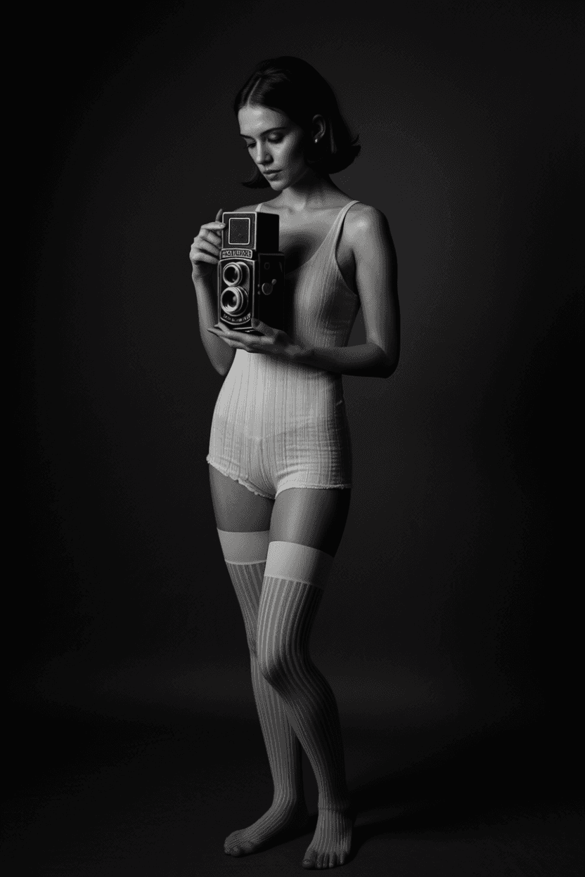 AI generated: artistic black and white fine art photograph, woman, ((full body)), serene, thoughtful pose, standin...