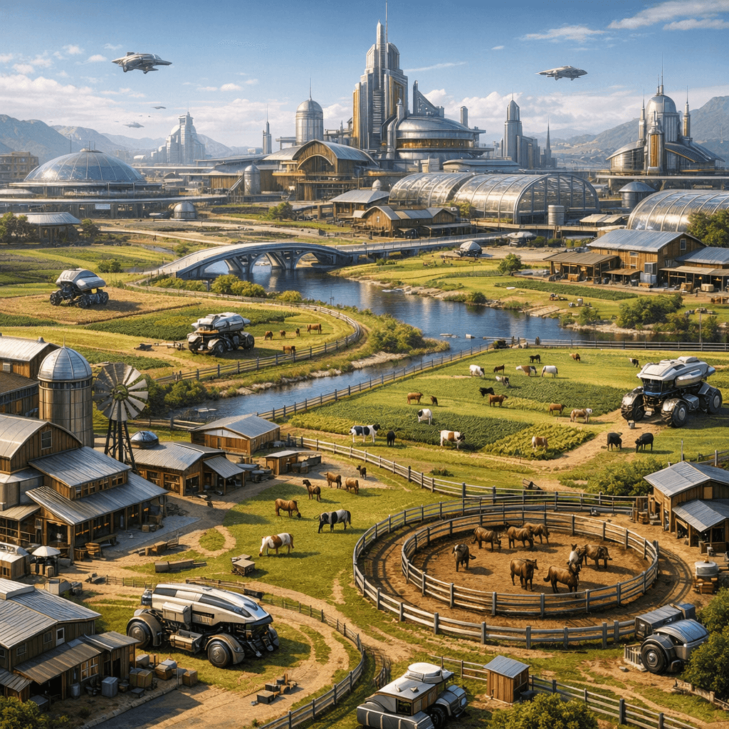 AI generated: Display an aerial view of a sleek, futuristic Old American Western Farming City, a reminder of the G...